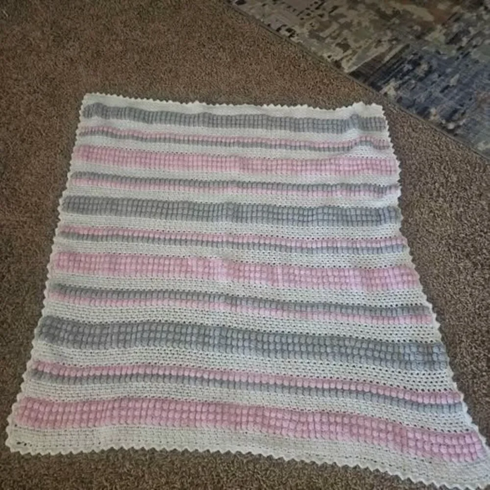 Handmade Crochet Pink Striped Baby Blanket 36